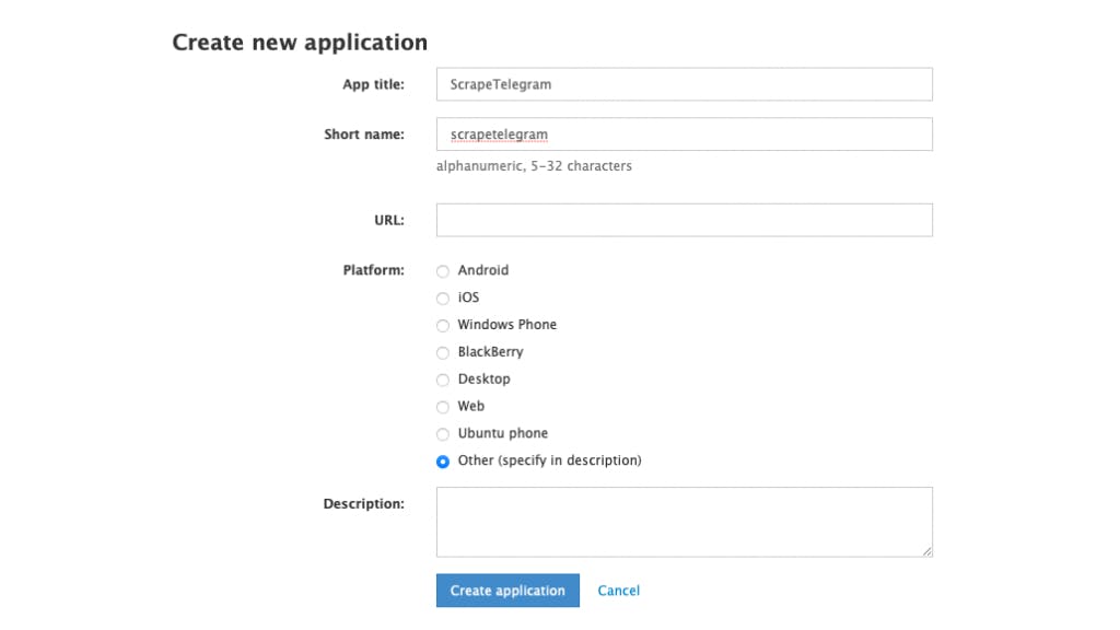 Creating new application